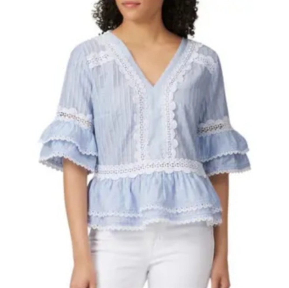 J. Crew Ruffle Sleeves Popover Blouse Top Size XS White Lilac Preppy Feminine